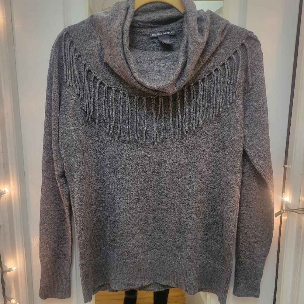 Chelsea & Theodore Charcoal Fringe Cowl Neck Sweater Boho Western Cozy